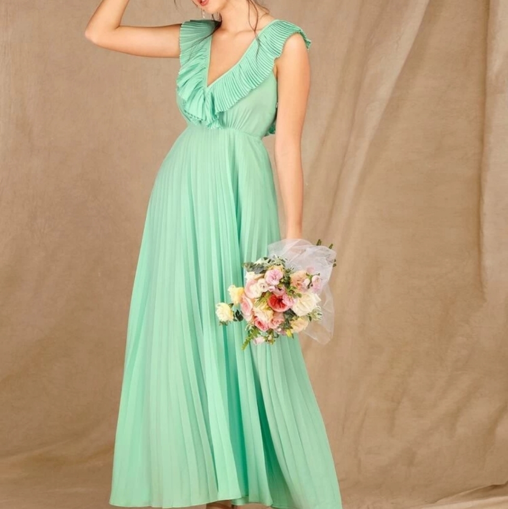 Shein| Ruffle Trim Knot Back Pleated Maxi Dress